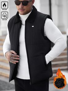 Manfinity CasualCool 男士紋理絎縫抓絨背心，填充顆粒抓絨翻領背心，戶外休閒街頭風外套，輕便商務通勤夾克 - 黑色 - 查看 6