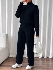 SHEIN 2pcs Set: Solid Color Turtleneck Long Sleeve Top And Pants, Casual Sweater Suit Fall Winter Cloth For Women - Black - View 6