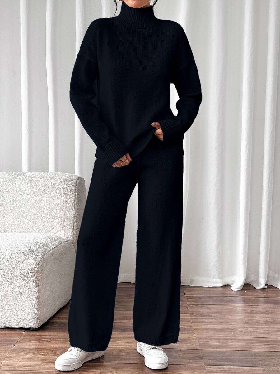 SHEIN 2pcs Set: Solid Color Turtleneck Long Sleeve Top And Pants, Casual Sweater Suit Fall Winter Cloth For Women - Black - View 1