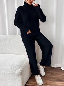 SHEIN 2pcs Set: Solid Color Turtleneck Long Sleeve Top And Pants, Casual Sweater Suit Fall Winter Cloth For Women - Black - View 3