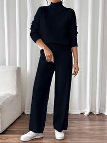 SHEIN 2pcs Set: Solid Color Turtleneck Long Sleeve Top And Pants, Casual Sweater Suit Fall Winter Cloth For Women - Black - View 4