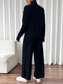 SHEIN 2pcs Set: Solid Color Turtleneck Long Sleeve Top And Pants, Casual Sweater Suit Fall Winter Cloth For Women - Black - View 2