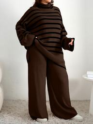 Cloudara Dames Zwart Chocoladebruin Hoge Hals Vleermuismouw Trui Effen Kleur Broek Tweedelig Set Formeel Kantoor Thuisdragen Winter Casual Kawaii