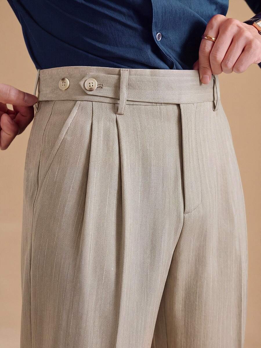 Core Aspect Men's Striped Mid-Waist Tapered Leg Pants, Casual Business Commute Versatile Suit Trousers - Khaki - View 1