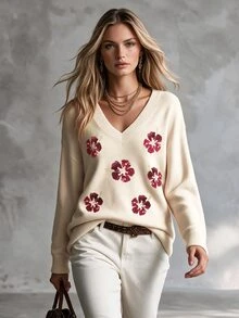 SHEIN Women's V-Neck Floral Pattern Casual Daily Long Sleeve Sweater - Apricot - View 6