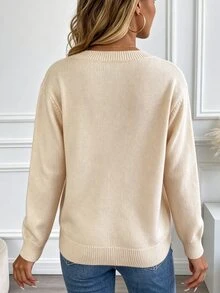 SHEIN Women's V-Neck Floral Pattern Casual Daily Long Sleeve Sweater - Apricot - View 7