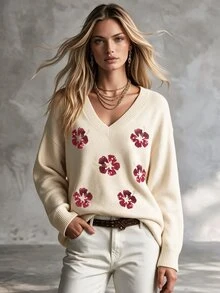 SHEIN Women's V-Neck Floral Pattern Casual Daily Long Sleeve Sweater - Apricot - View 3