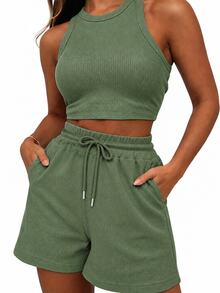 INAWLY Women's Summer Casual Solid Color Vest And Shorts Set - Army Green - View 3