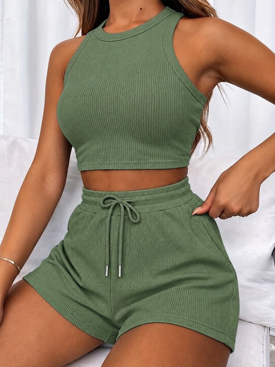 INAWLY Women's Summer Casual Solid Color Vest And Shorts Set - Army Green - View 1
