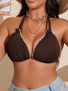 SHEIN Swim Curve 大尺碼女款深V領抽繩細肩帶花卉飾邊泳衣上衣，適合夏季海灘度假 - 咖啡棕 - 查看 7