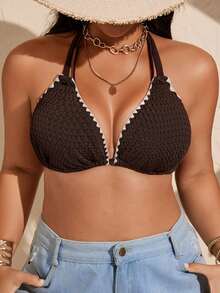 SHEIN Swim Curve 大尺碼女款深V領抽繩細肩帶花卉飾邊泳衣上衣，適合夏季海灘度假 - 咖啡棕 - 查看 6