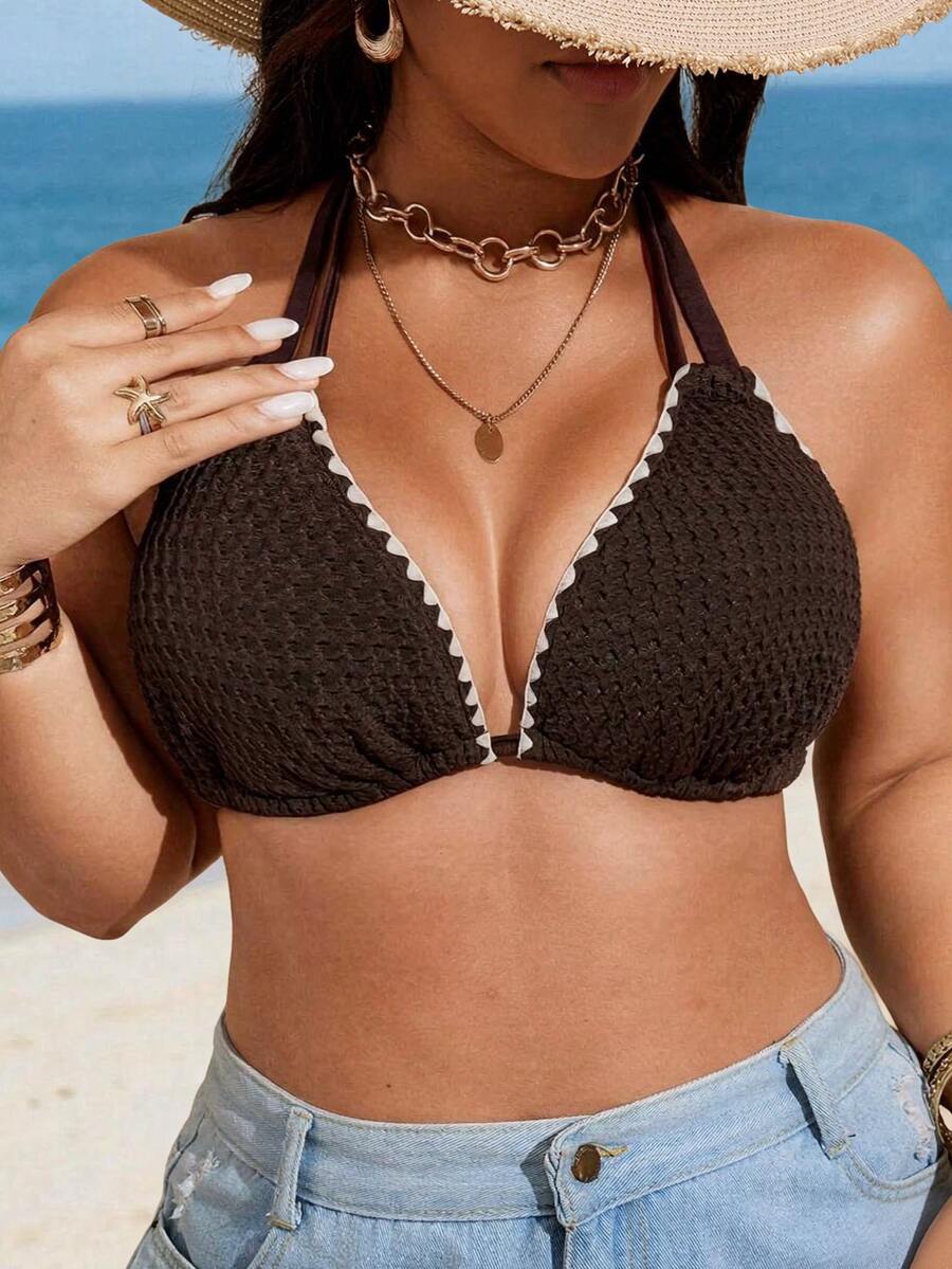 SHEIN Swim Curve 大尺碼女款深V領抽繩細肩帶花卉飾邊泳衣上衣，適合夏季海灘度假 - 咖啡棕 - 查看 1