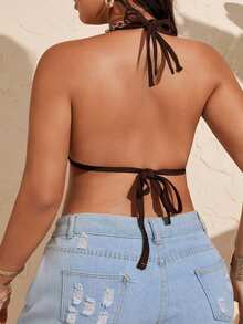 SHEIN Swim Curve 大尺碼女款深V領抽繩細肩帶花卉飾邊泳衣上衣，適合夏季海灘度假 - 咖啡棕 - 查看 2