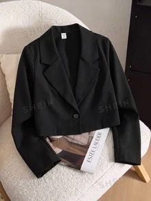 SHEIN Tween Girl Long Sleeve Black Crop Coat Halloween Autumn Fall - Black - View 2
