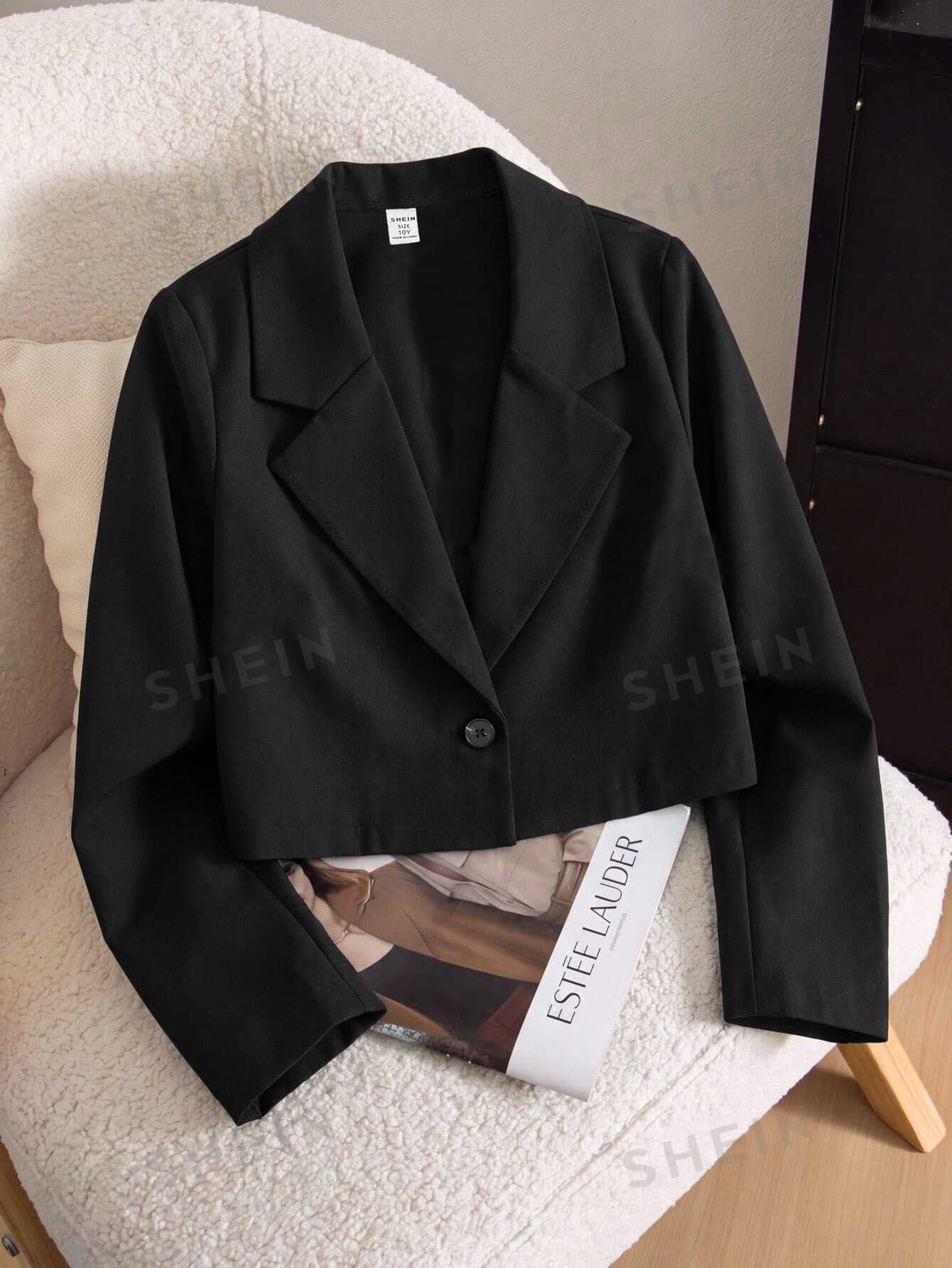 SHEIN Tween Girl Long Sleeve Black Crop Coat Halloween Autumn Fall