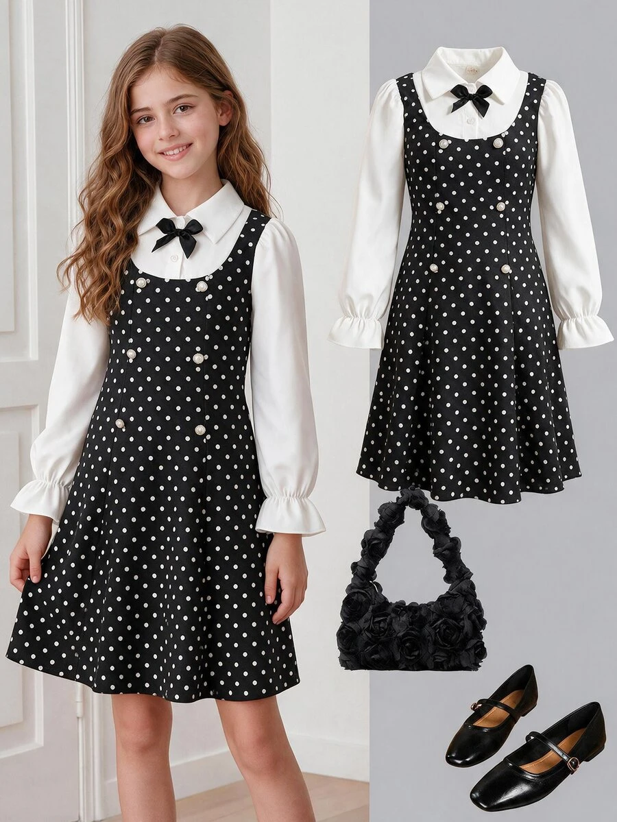 SHEIN Tween Girls Black Polka Dot Vintage Hepburn Dress Preppy School Style Elegant Pearl Button Bow Long Sleeve 2 Pieces Look Warm Autumn Winter Clothing - Black and White - View 1