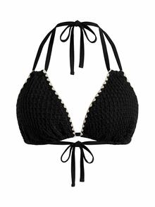 SHEIN Swim Curve 大尺碼女款深V領抽繩肩帶花卉飾邊泳衣上衣，夏季海灘度假派對黑色性感優雅套裝 - 黑色 - 查看 8