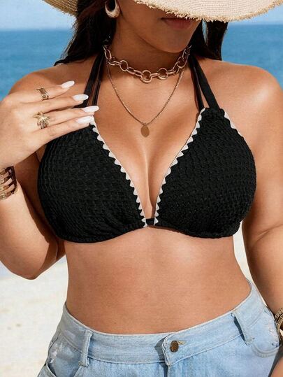 SHEIN Swim Curve 大尺碼女款深V領抽繩肩帶花卉飾邊泳衣上衣，夏季海灘度假派對黑色性感款