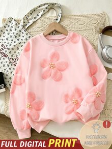 SHEIN 少女可愛粉色花卉圓領抓絨內裡運動衫，3D毛絨珍珠花數位印花，針織寬鬆，秋季穿搭，返校早午餐 - 彩色 - 查看 5