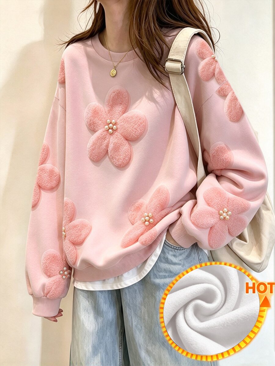 SHEIN 少女可愛粉色花卉圓領抓絨內裡運動衫，3D毛絨珍珠花數位印花，針織寬鬆，秋季穿搭，返校早午餐