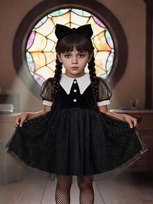 SHEIN Kids Young Girl Black Elegant Peter Pan Collar Sequin Mesh Dress, Halloween, Party, Birthday Dress - Black - View 4