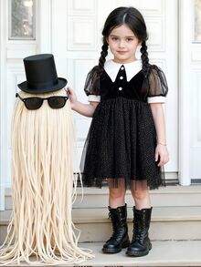 SHEIN Kids Young Girl Black Elegant Peter Pan Collar Sequin Mesh Dress, Halloween, Party, Birthday Dress - Black - View 3
