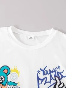 [Denim Effect] 2件組 青少年男孩藍白熊圖案短袖T恤與丹寧效果短褲 夏季街頭風酷炫返校海灘校園穿搭 - 白色 - 查看 7