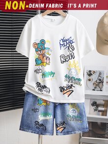 [Denim Effect] 2件組 青少年男孩藍白熊圖案短袖T恤與丹寧效果短褲 夏季街頭風酷炫返校海灘校園穿搭 - 白色 - 查看 5