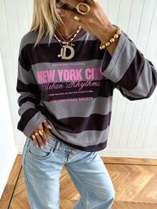SuriyaCove Women's Letter Print Striped Long Sleeve T-Shirt - Multicolor - View 3