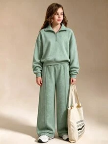 SHEIN Setelan Kasual 2 Potong untuk Anak Perempuan, Lengan Panjang, Bahan Fleece, Pakaian Musim Gugur, Musim Semi/Musim Dingin, Sweatshirt Kerah Tegak dengan Cetakan Huruf New York dan Celana Pendek - Hijau - View 6