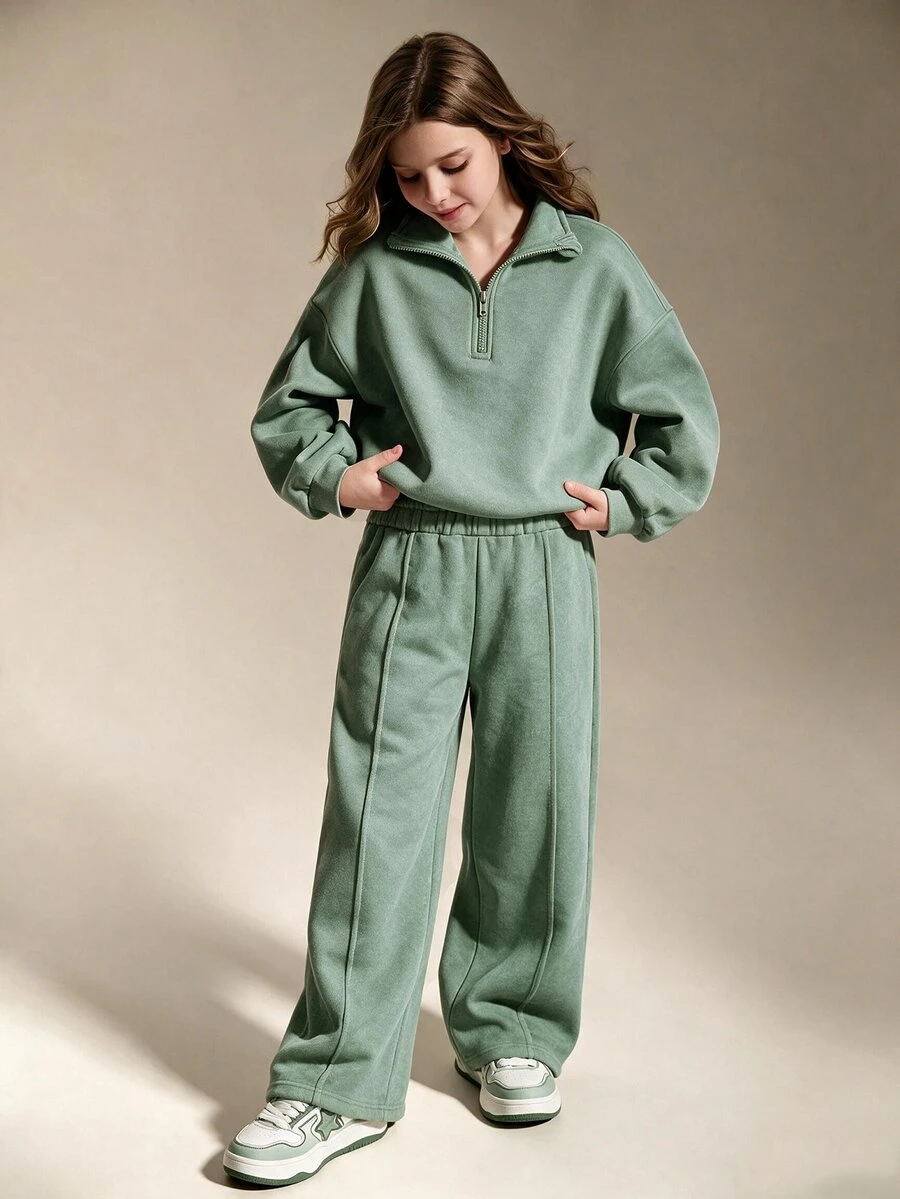 SHEIN Setelan Kasual 2 Potong untuk Anak Perempuan, Lengan Panjang, Bahan Fleece, Pakaian Musim Gugur, Musim Semi/Musim Dingin, Sweatshirt Kerah Tegak dengan Cetakan Huruf New York dan Celana Pendek - Hijau - View 1