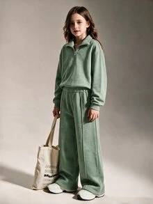 SHEIN Setelan Kasual 2 Potong untuk Anak Perempuan, Lengan Panjang, Bahan Fleece, Pakaian Musim Gugur, Musim Semi/Musim Dingin, Sweatshirt Kerah Tegak dengan Cetakan Huruf New York dan Celana Pendek - Hijau - View 5