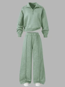 SHEIN Setelan Kasual 2 Potong untuk Anak Perempuan, Lengan Panjang, Bahan Fleece, Pakaian Musim Gugur, Musim Semi/Musim Dingin, Sweatshirt Kerah Tegak dengan Cetakan Huruf New York dan Celana Pendek - Hijau - View 8