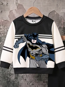 BATMAN X SHEIN 2件組男嬰休閒可愛卡通印花圓領長袖衛衣與運動長褲套裝，抓絨內裡，適合秋冬穿著 - 彩色 - 查看 4