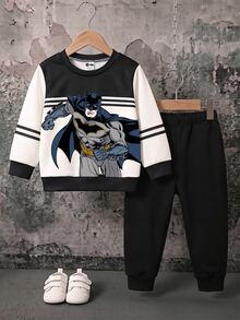 BATMAN X SHEIN 2件組男嬰休閒可愛卡通印花圓領長袖衛衣與運動長褲套裝，抓絨內裡，適合秋冬穿著 - 彩色 - 查看 3
