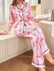 DUSKBASE Ribbon Bow Print Faux Silk Notched Collar Pajama Set Bowknot, Fall Winter Clothes Cozy And Elegant Details - Multicolor - View 5