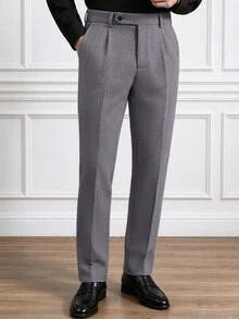 Manfinity Bizformal 男士深灰色單褶魚骨紋單腰帶長褲，義式極簡商務休閒西裝長褲，正式、老錢風 - 深灰色 - 查看 4