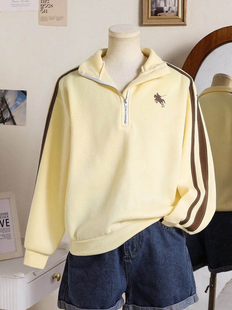 SHEIN Girls' Long Sleeve Half-Zip Sweatshirt Turn-Down Collar, Fleece, Fall Contrast Color Striped Sleeves Horse Graphic Dark Yellow Active Preppy - Yellow - View 4