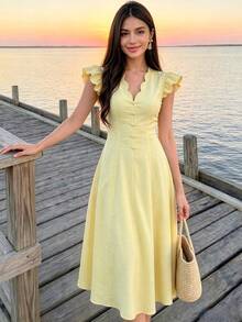 Celisse Women's Solid Color Pleated Casual Party Midi Dress - Yellow - View 3