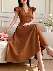 Celisse Women's Elegant Solid Color Mid-Length Vacation Dress - Brown - View 4
