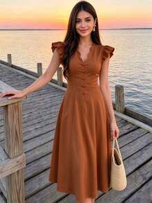 Celisse Women's Elegant Solid Color Mid-Length Vacation Dress - Brown - View 3