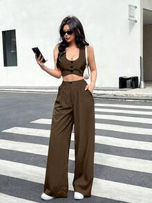 SHEIN Essnce 2件組女款純色單排扣短版背心與長褲套裝 深棕色 夏季休閒 外出夜生活穿搭 - 咖啡棕 - 查看 3
