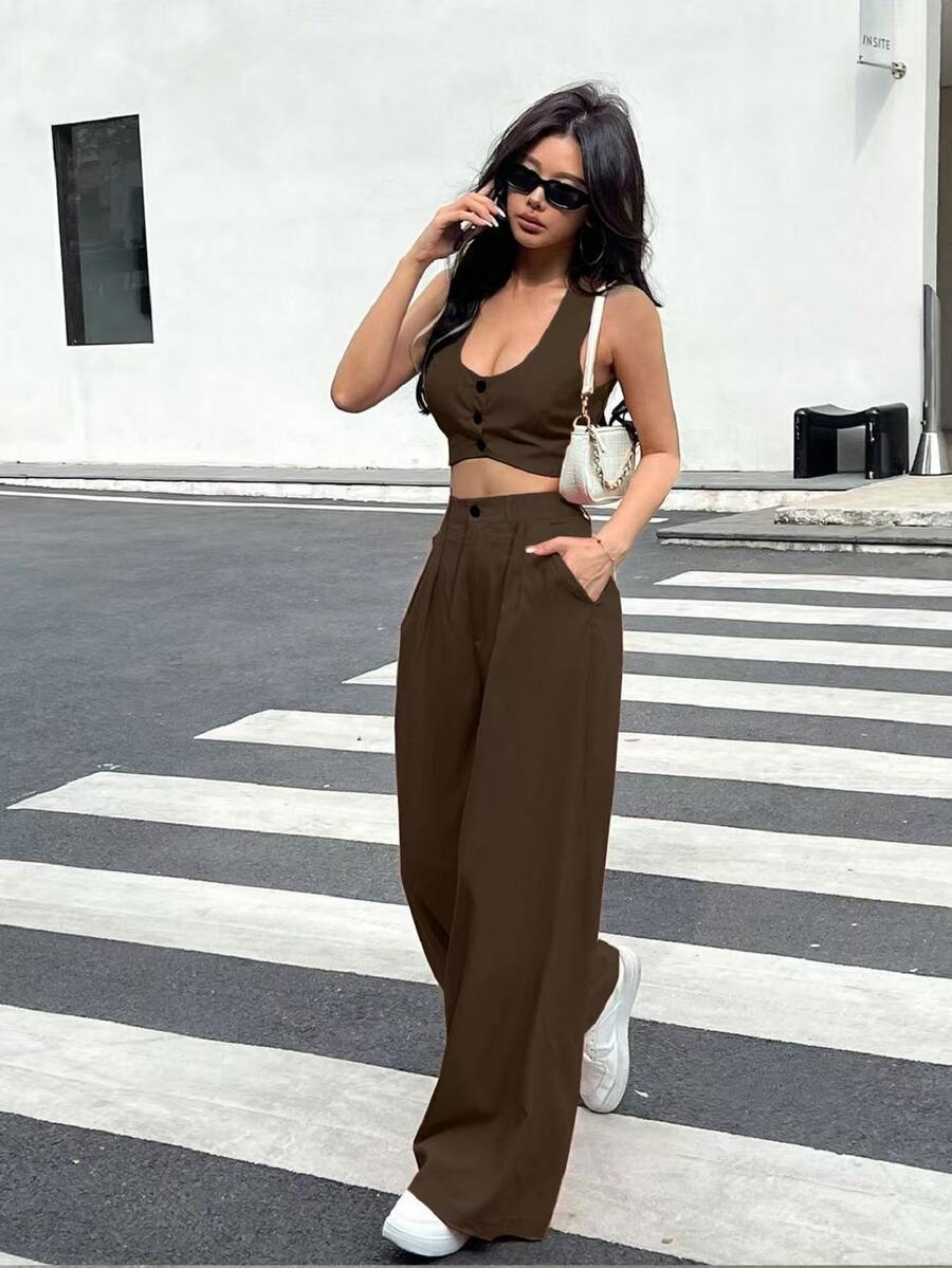 SHEIN Essnce 2件組女款純色單排扣短版背心與長褲套裝 深棕色 夏季休閒 外出夜生活穿搭 - 咖啡棕 - 查看 1