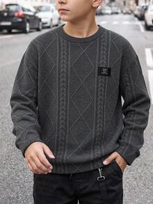SHEIN 1件青少年男孩秋冬針織提花布料長袖圓領T恤，柔軟舒適，適合日常休閒通勤穿著，適合男孩日常穿著 - 灰色 - 查看 7