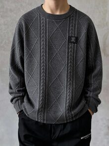 SHEIN 1件青少年男孩秋冬針織提花布料長袖圓領T恤，柔軟舒適，適合日常休閒通勤穿著，適合男孩日常穿著 - 灰色 - 查看 8