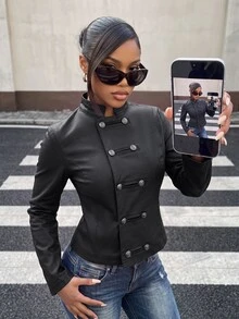 Jeanoix Y2K Double-Row Metal Buckle Stand Collar Design Black Faux Leather PU Motorcycle Jacket - Black - View 1