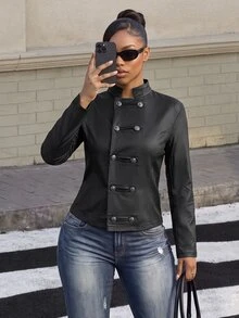 Jeanoix Y2K Double-Row Metal Buckle Stand Collar Design Black Faux Leather PU Motorcycle Jacket - Black - View 6