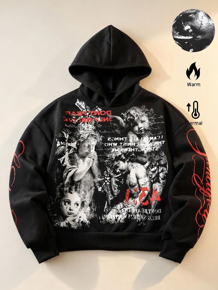 ROMWE MEN Men's Little Angel Print Long Sleeve Casual Hoodie - Black - View 1