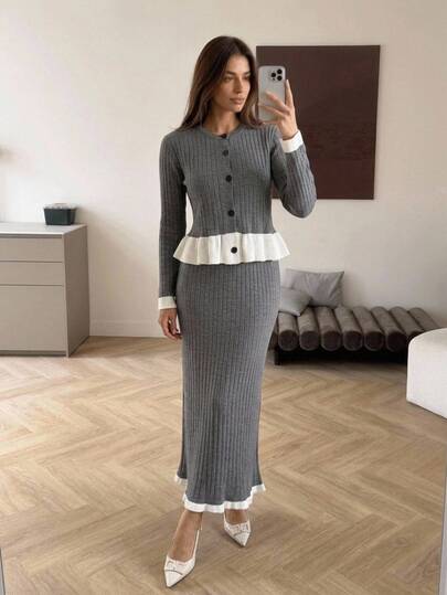 SHEIN طقم فرنسي أنيق رمادي للخريف للمكتب والبرانش، كارديجان وتنورة ميدي بتفاصيل لامعة وحافة متباينة وحياكة مضلعة