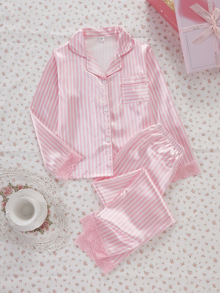 Cozy Rich Home Wear For Girls, Striped Print Pajamas With Delicate Pink Lace Trim On Cuffs And Hem, Adding A Soft Touch To The Overall Look, Long Sleeve Lapel Cardigan Paired With Long Pants, Casual And Comfortable Two Pieces Loungewear Set - Multicolor - View 2